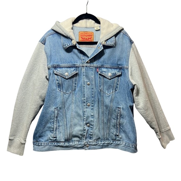 Levis Vintage Fit Trucker Denim Jacket Light Wash Blue Gray Hoodie XL Hooded - Picture 1 of 9